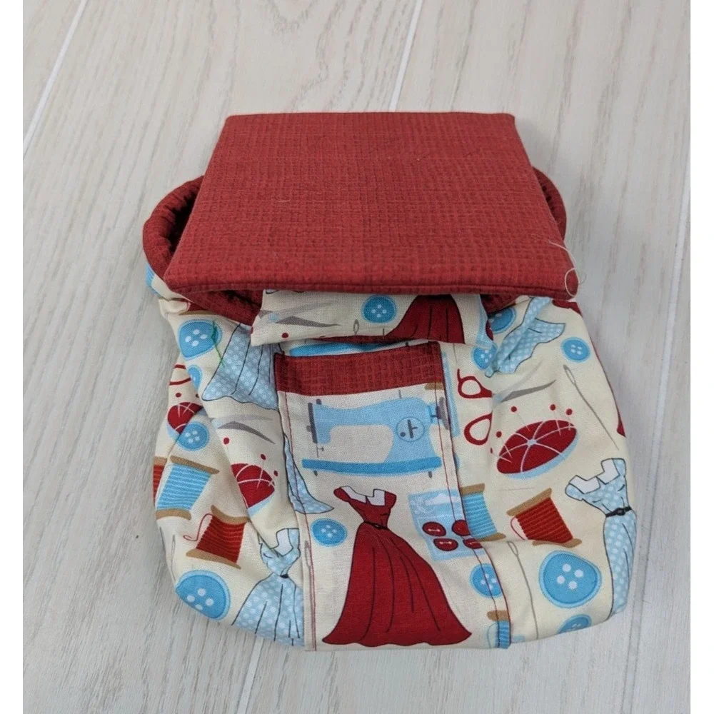 Small Chair Sofa Armrest Sewing Bag Attached Pin Cushion Red Blue Clothing Print